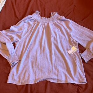 Nine West Lavender Smocked Ruffle Neck Long Sleeve Top